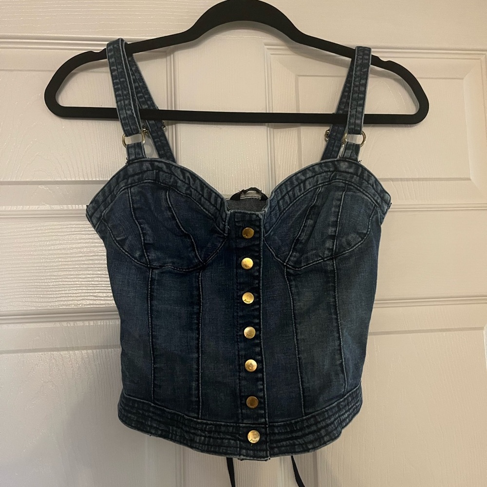 Vintage guess crop top denim jean lace up corset bustier 90s stretch HTF small